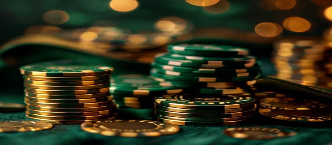 Editorial banner of stacked gold and emerald casino chips beside a velvet ribbon
