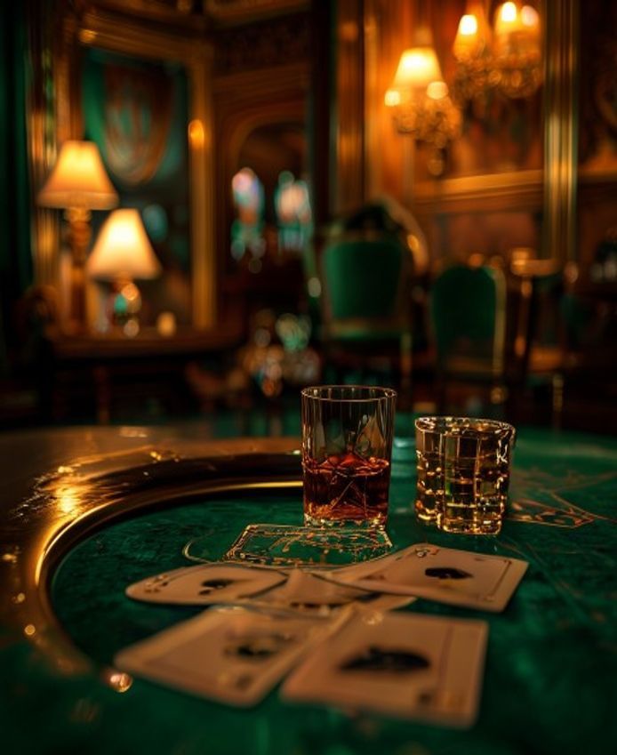 Editorial portrait of a private CK444 gaming room with brass-rimmed cards